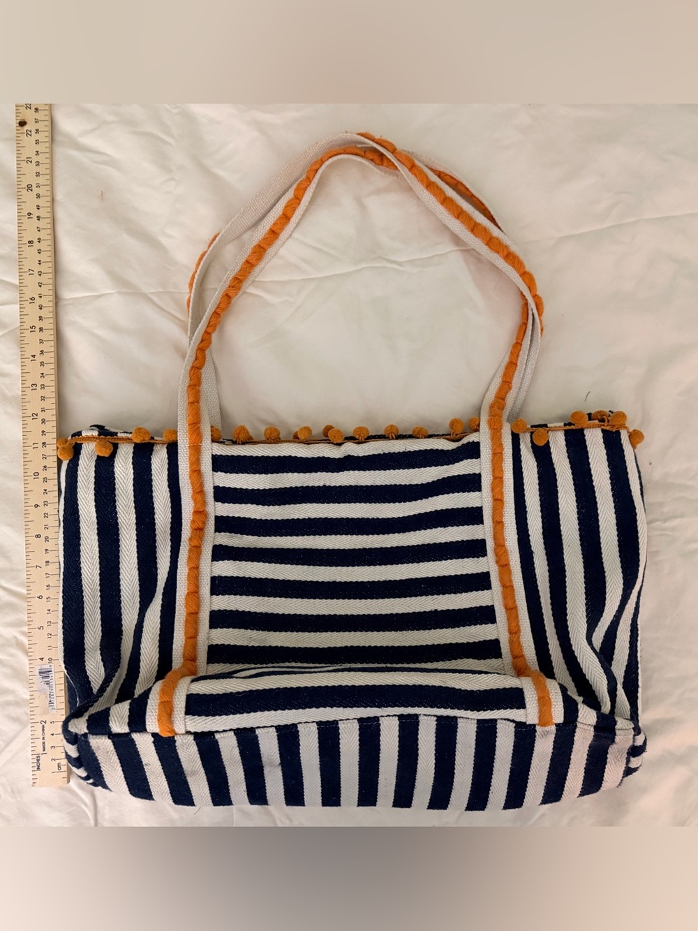 Paper Source Navy & White Striped Tote with Orange Pom-Pom Trim